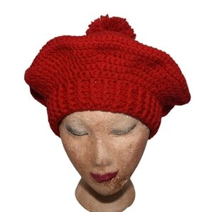 Elegant Red Knit Beret With Pom-Pom